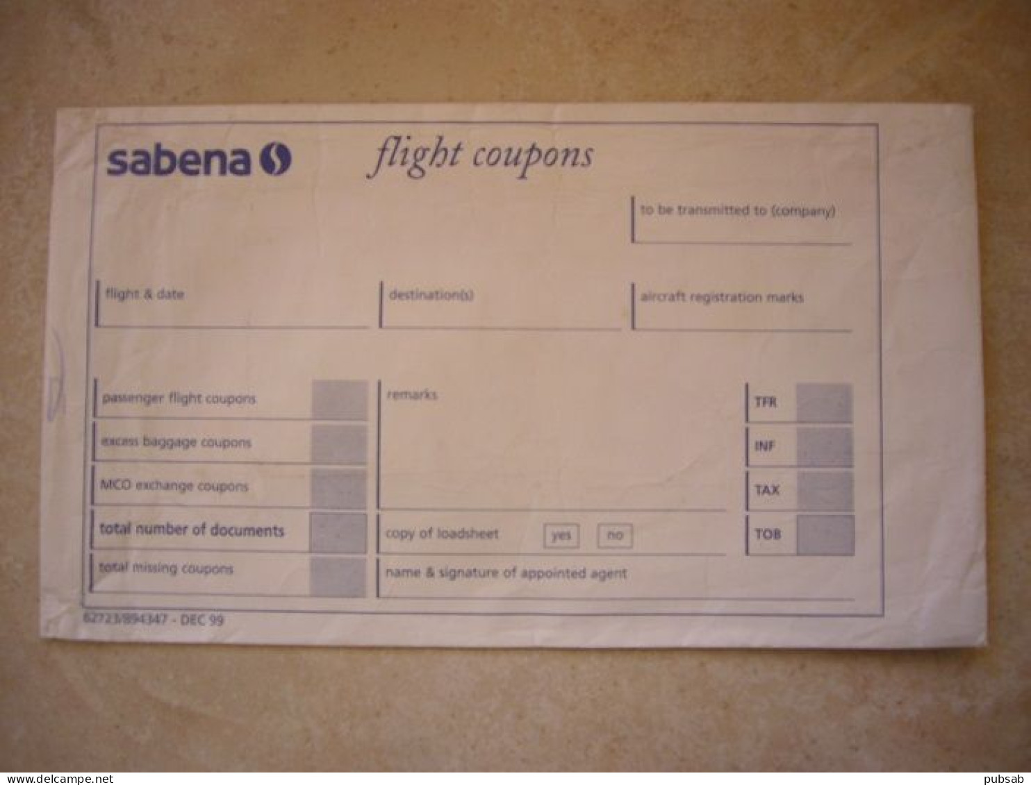 Avion / Airplane / SABENA / Flight Coupons - Tickets