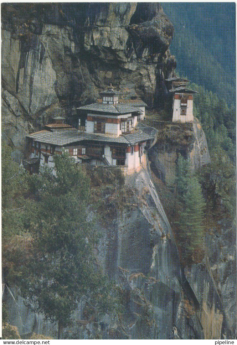 Bhutan Postcard Sent To Denmark 1971 Taktsang "The Tiger'snest" On The Top Of A 3000 Foot Cliff Week Upper Right Corner - Bhoutan