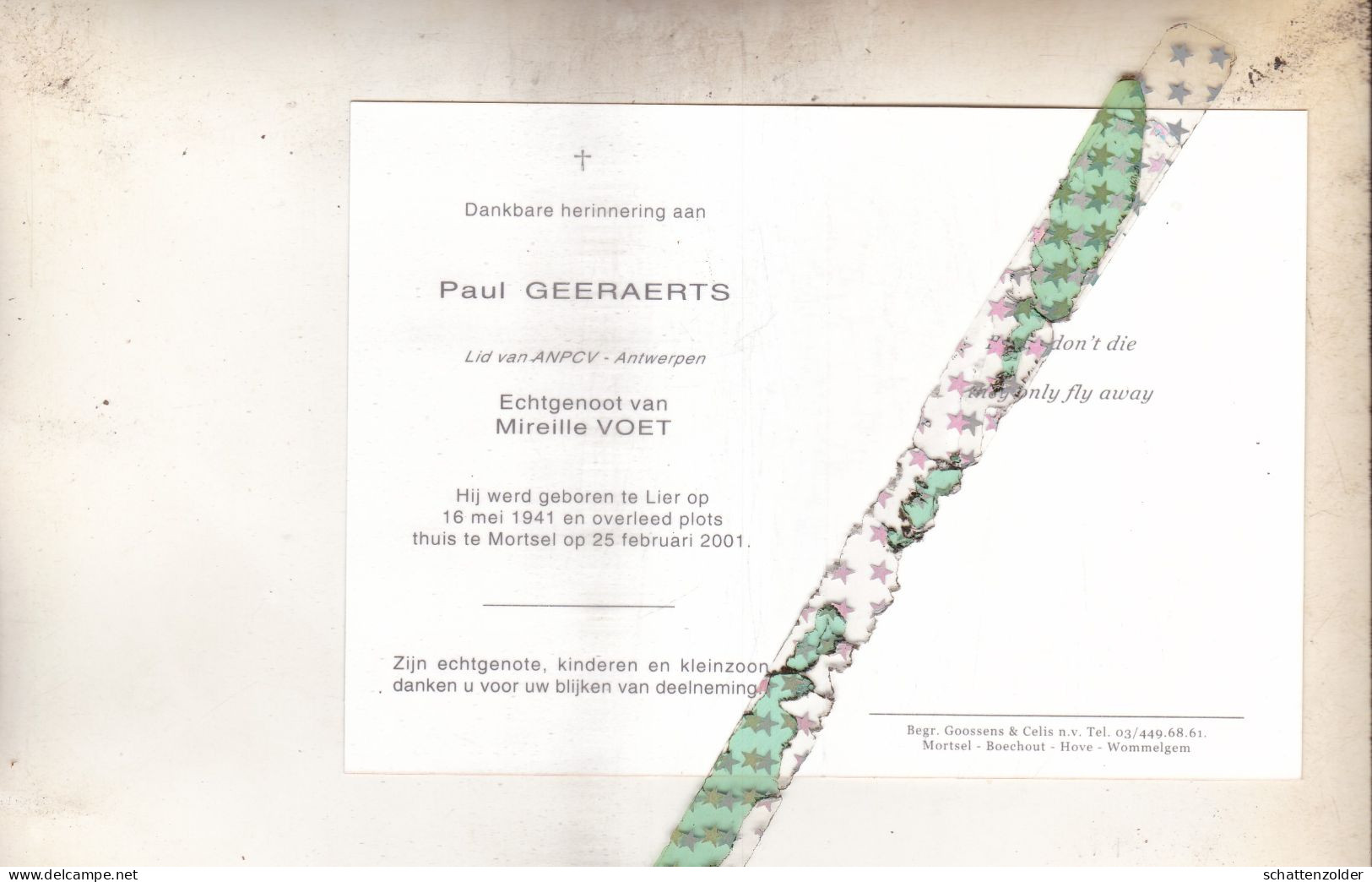 Paul Geeraerts-Voet, Lier 1941, Mortsel 2001. Foto - Todesanzeige