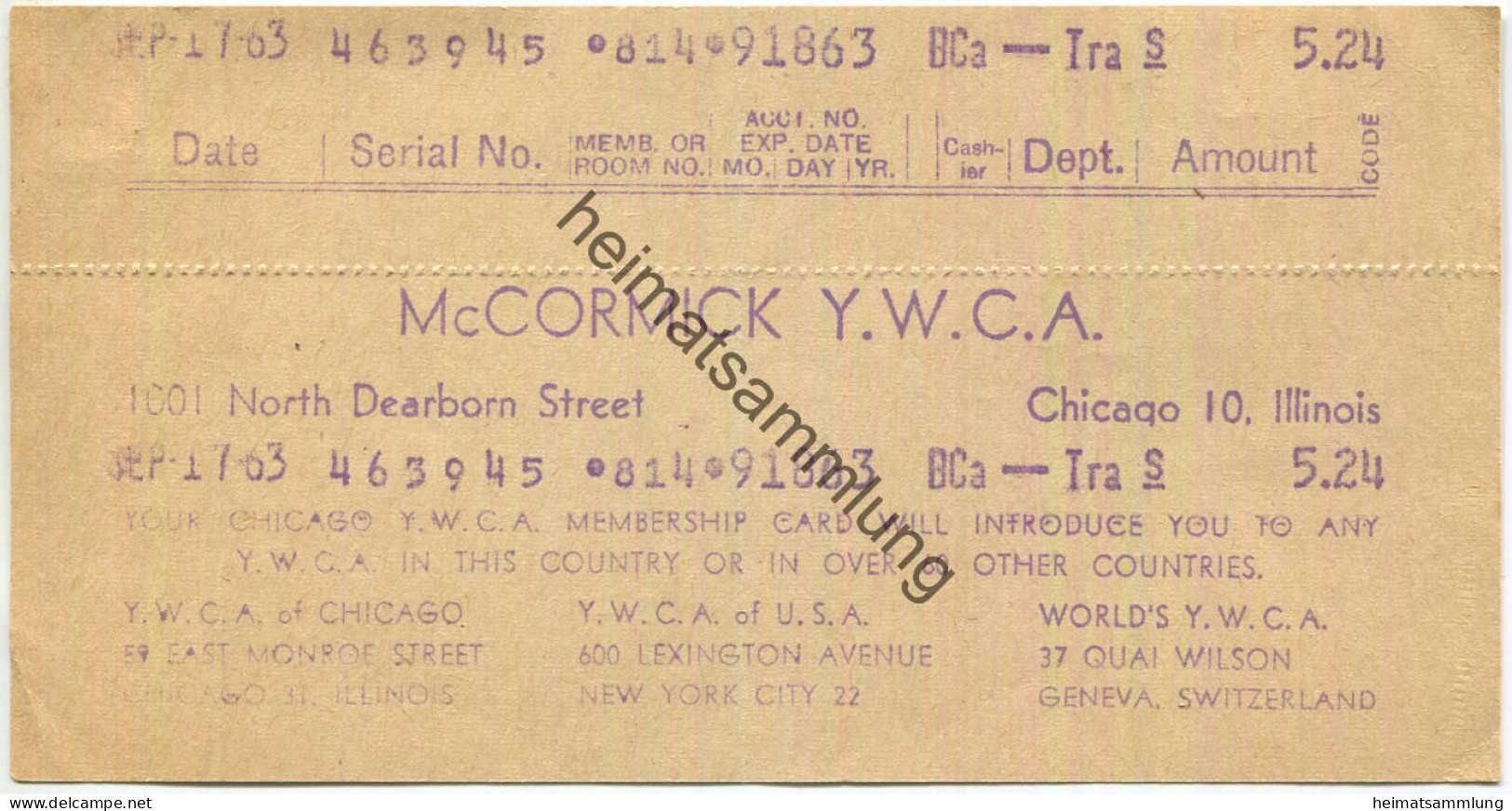 USA - McCormick YWCA Chicago - Sportstudio Eintrittskarte 1963 - Tickets - Vouchers