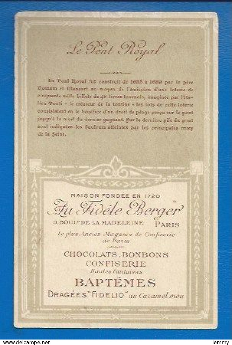 CHROMO - PUBLICITÉ FIDÈLE BERGER Chocolats, Dragées...- Série PONTS DE PARIS - PONT ROYAL Triomphe De VOLTAIRE -form CPA - Autres & Non Classés