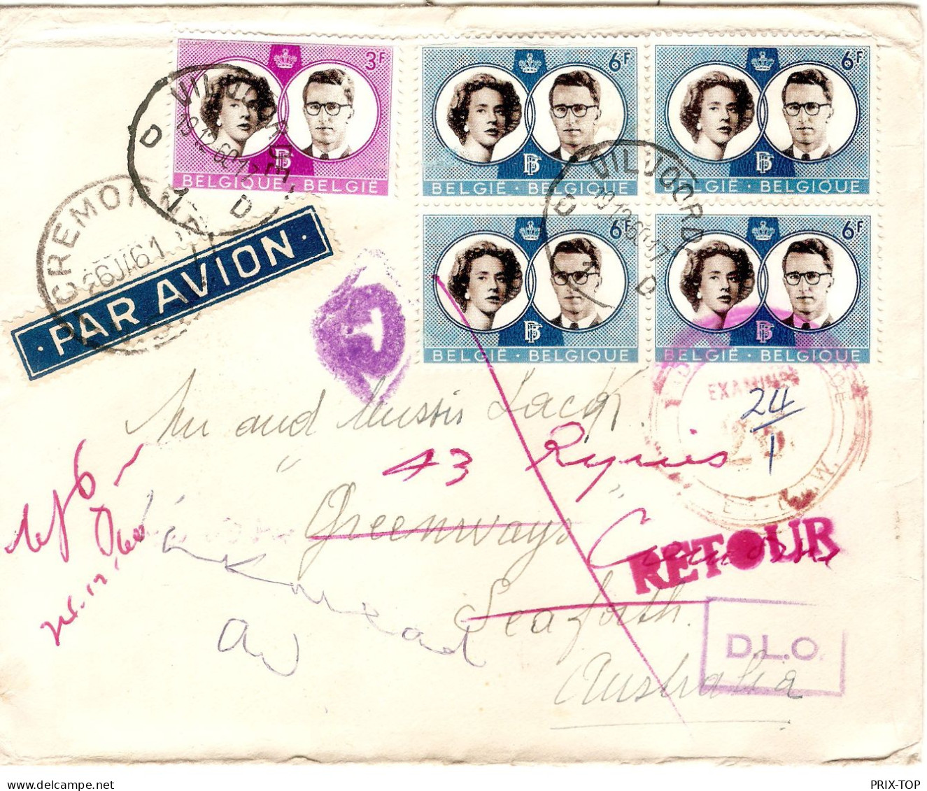 TP 1171 ( Bloc De 4) - 1170 Baudouin-Fabiola 6° Jour D'utilisation S/L. Avion Obl. Vilvoorde 1960 > Australia Retour - Lettres & Documents