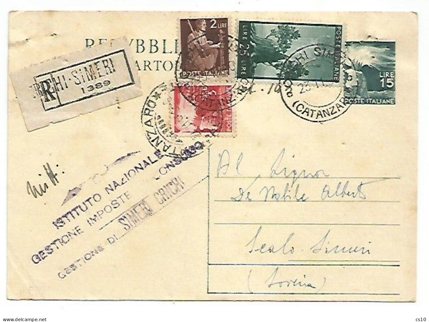 CP Democratica L.15 + L25 +L3 +L2 Raccomandata Crichi Simeri 23nov1950 X Soveria Scalo Simeri - Stamped Stationery