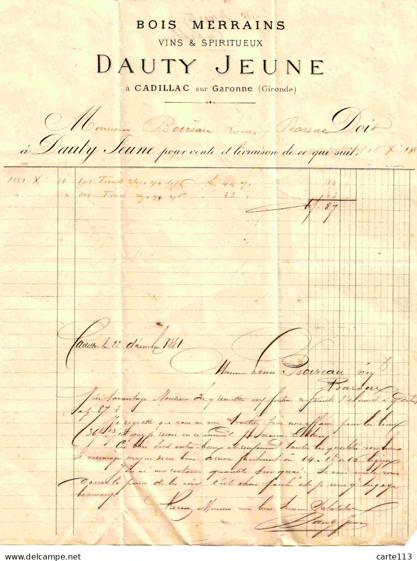 33 - F28458PAP - CADILLAC - Facture - DAUTY JEUNE 1881 - Bois, Merrains, Vins Et Spiritueux - Très Bon état - GIRONDE - 1800 – 1899