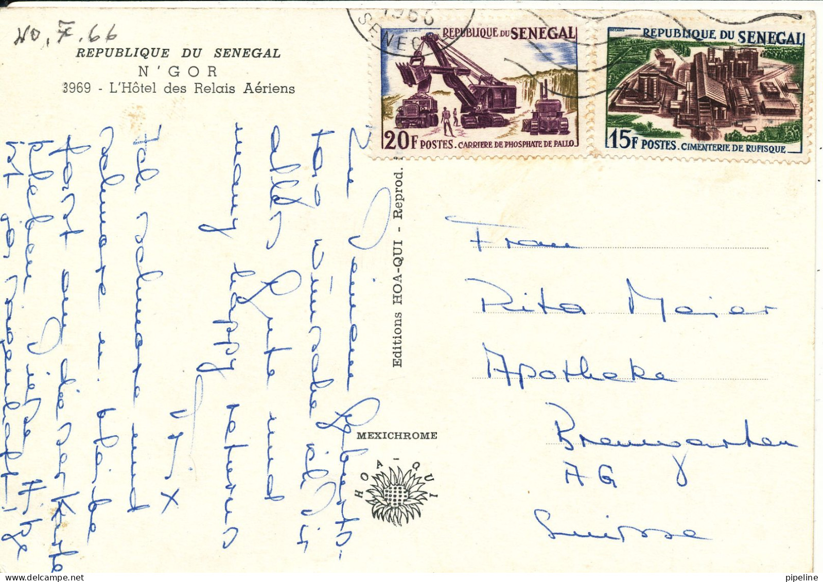 Senegal Postcard Sent To Switzerland 7-11-1966 L'Hotel Des Relais Aeriens - Senegal