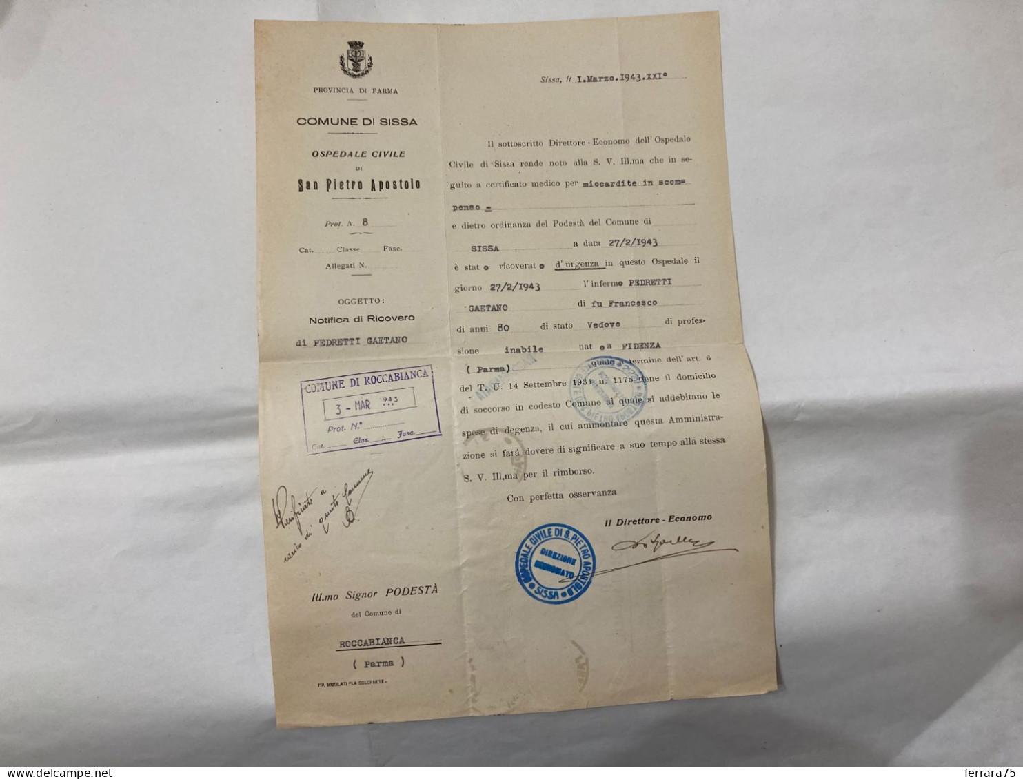 DOCUMENTO STORIA POSTALE RACCOMANDATA ROCCABIANCA VS COMUNE DI SISSA 1943. - Historische Dokumente