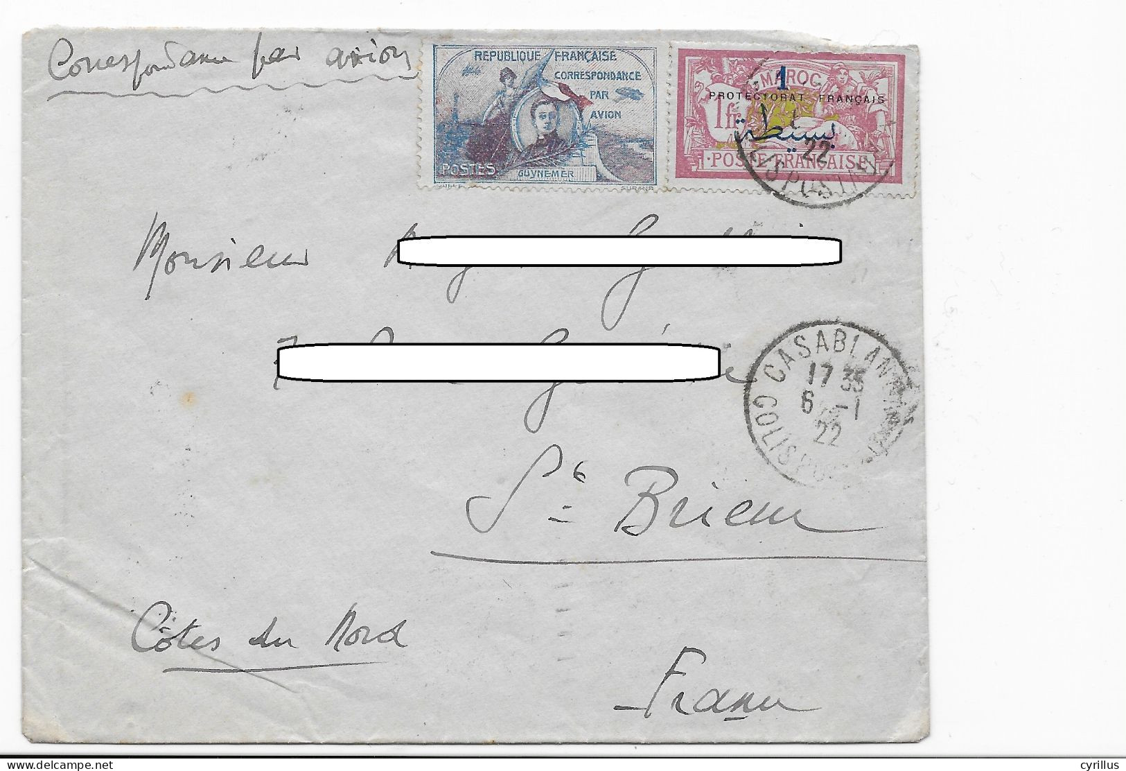 LETTRE. 6 1 1922. CASABLANCA POUR ST.BRIEU - VIGNETTE GUYNEMER - 1960-.... Lettres & Documents