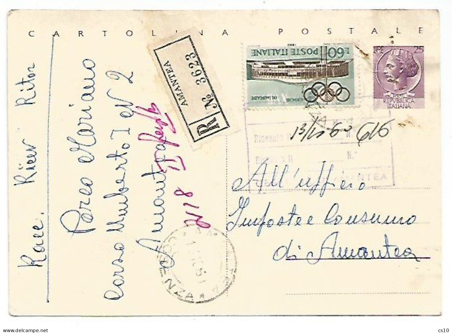 CP Turrita Siracusana L.25 #C163 + Olimpiadi L.60 Raccoamndata RR Amantea 13ott1960 X Città - Entiers Postaux