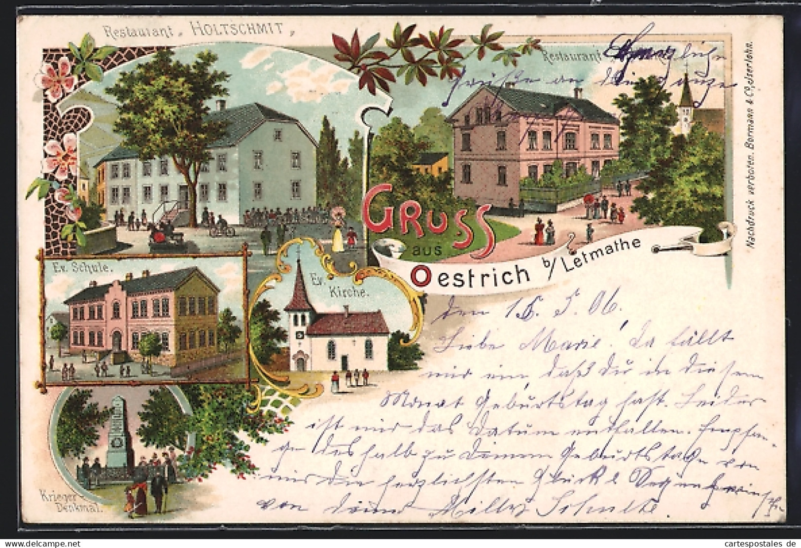 Lithographie Oestrich B. Letmathe, Restaurant Holtschmit, Ev. Schule, Kriegerdenkmal  - Letmathe