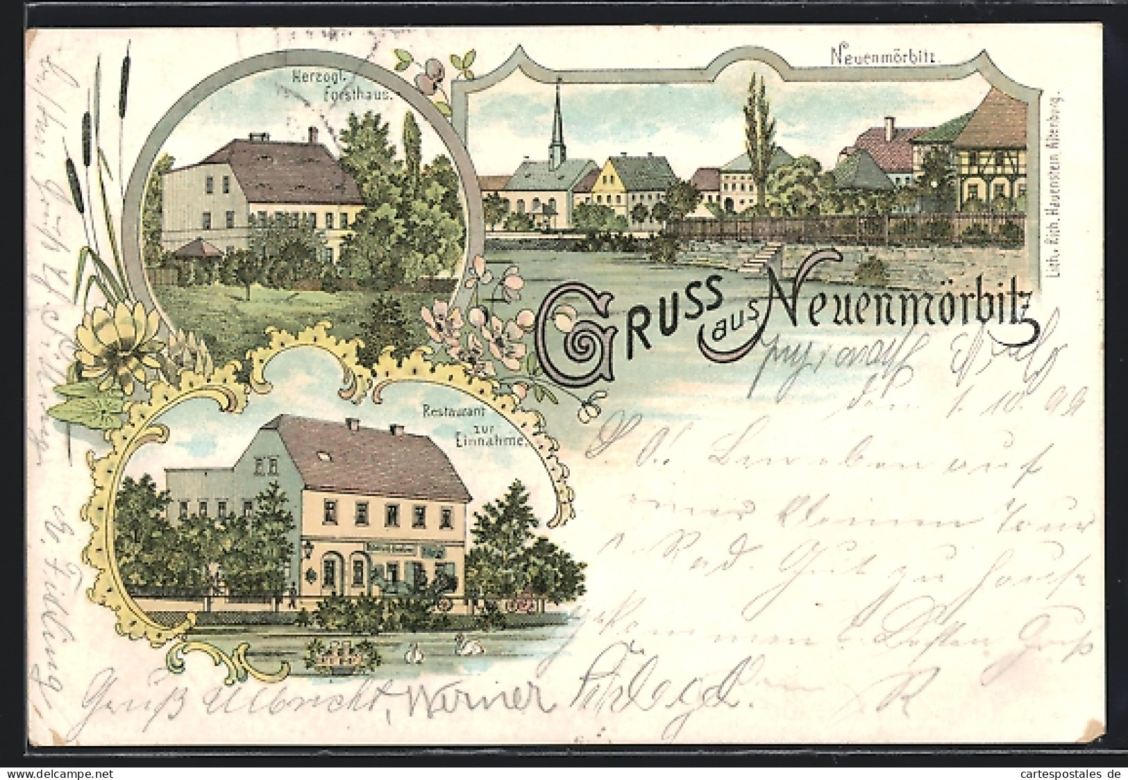 Lithographie Neuenmörbitz, Restaurant Zur Einnahme, Herzogl. Forsthaus  - Chasse