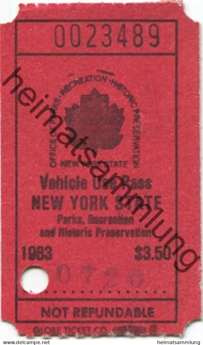 USA - Vehicle Use Pass New York State - Parks 1983 - Tickets - Vouchers