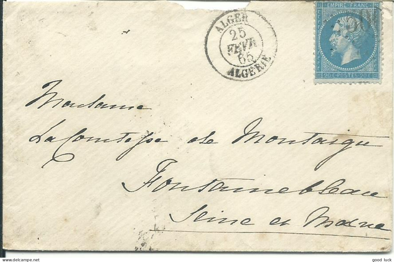 FRANCE LETTRE 20c GC 5005  ALGER / ALGERIE POUR FONTAINEBLEAU ( SEINE ET MARNE ) DE 1865  LETTRE COVER - 1849-1876: Klassik