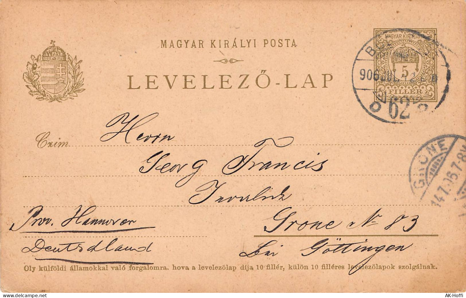 Ungarn Ganzsache GSK 5 Filler K2 Szombathely Nach Göttingen 1906 - Postal Stationery