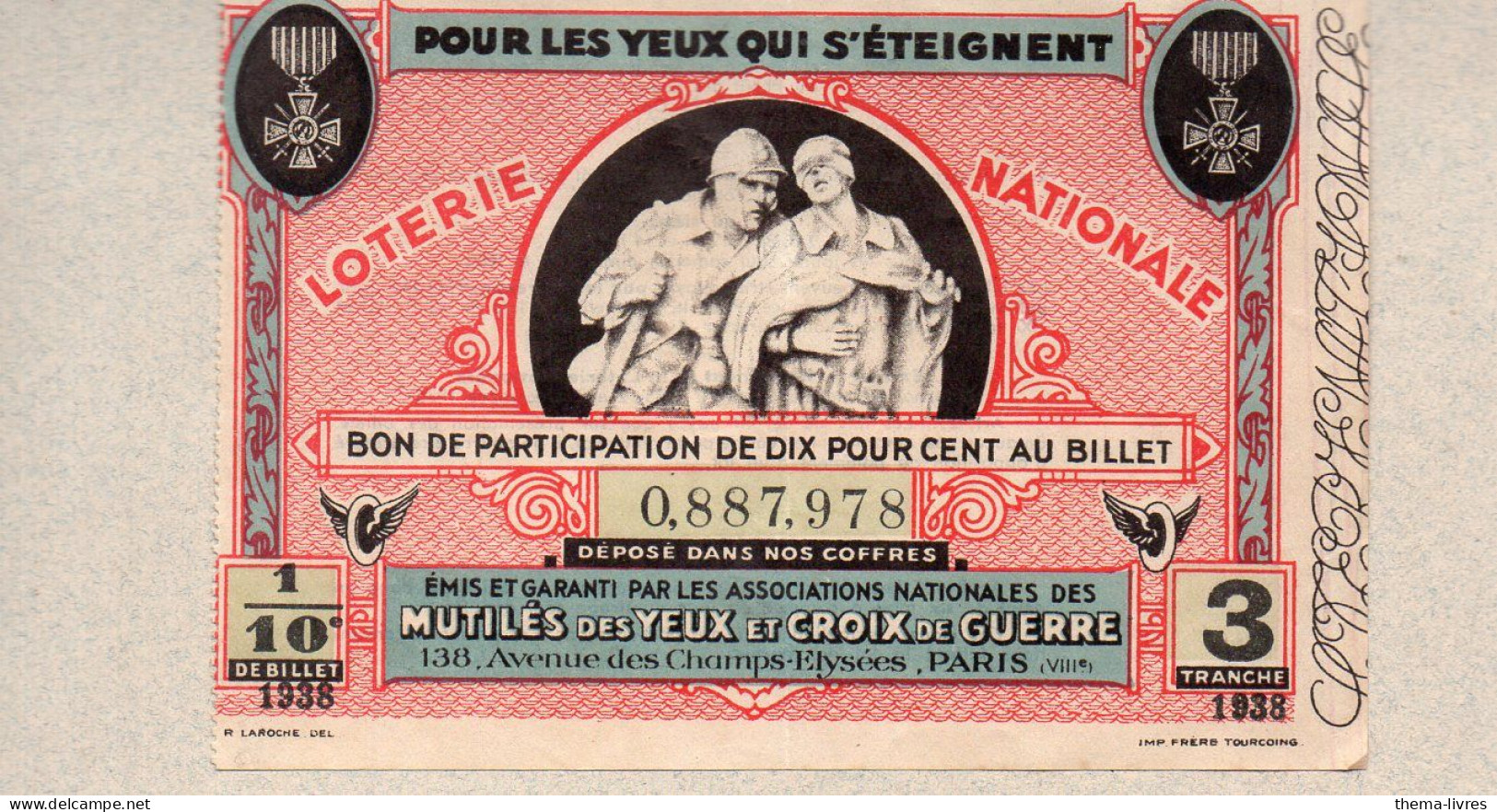 Billet LOTERIE NATIONALE 1938 MUTILES DES YEUX    (PPP46914 / A) - Lottery Tickets