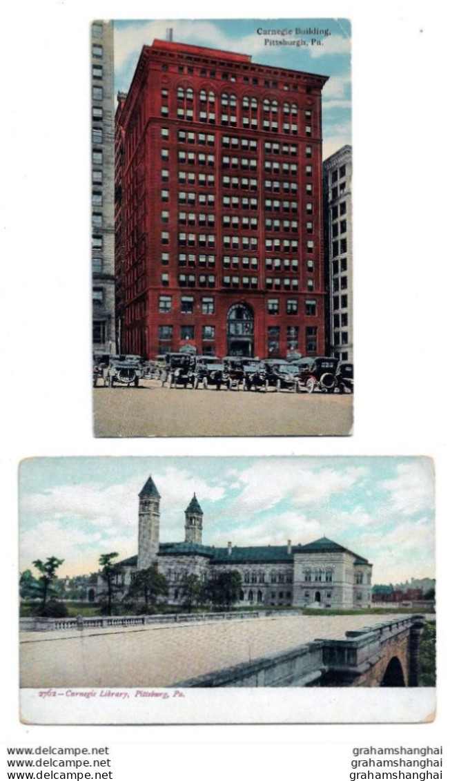 Postcard USA PA Pennsylvania Pittsburgh Carnegie Building Posted 1917 & Carnegie Library Unposted - Pittsburgh