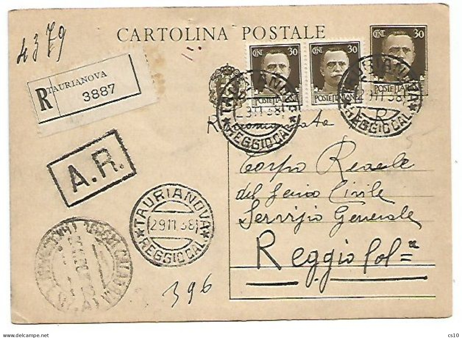 Regno CP Imperiale C.30 + Gemelli C.30 Coppia Raccomandata AR Taurianova 29nov1938 X Reggio Calabria - Stamped Stationery