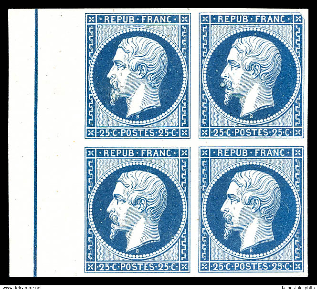 Essais N°10, 25c Bleu Papier Carton En Bloc De Quatre Bord De Feuille Avec Filet D'encadrement, SUPERBE (certificat)  Qu - 1852 Louis-Napoleon