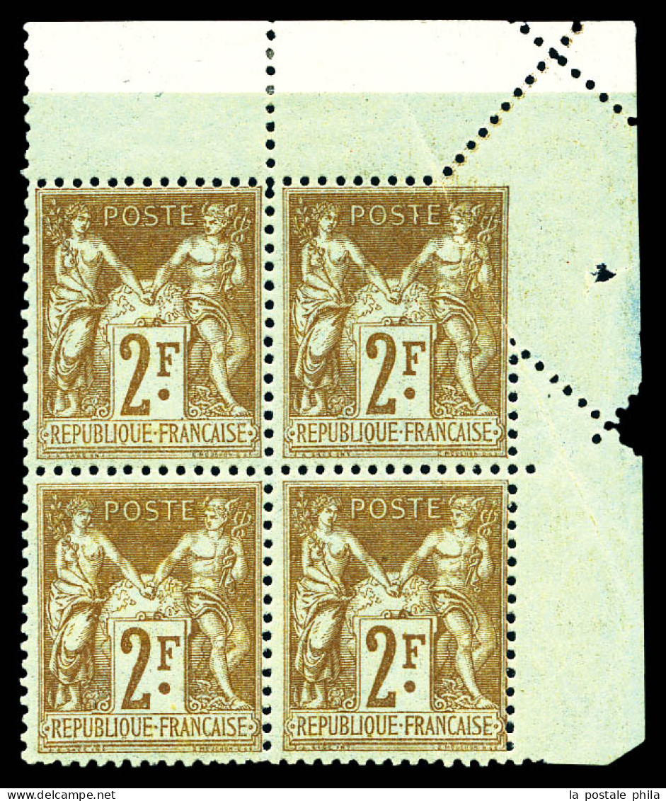 N°105, 2f Bistre Sur Azuré, Piquage Oblique Par Pliage Tenant à Normaux En Bloc De Quatre (1ex Normal*). SUPERBE. R. (si - 1898-1900 Sage (Type III)