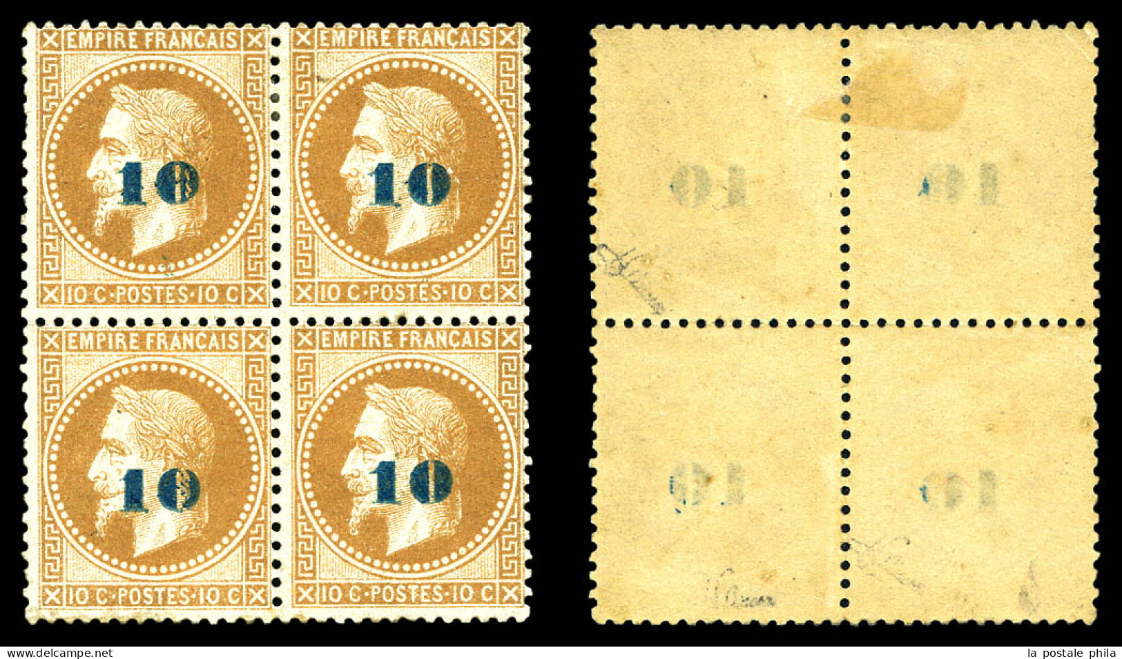 N°34, Non émis, 10c Sur 10c Bistre En Bloc De Quatre (2ex*), Fraîcheur Postale, R.R.R, SUPERBE (signé Brun/certificats)  - 1863-1870 Napoleon III With Laurels