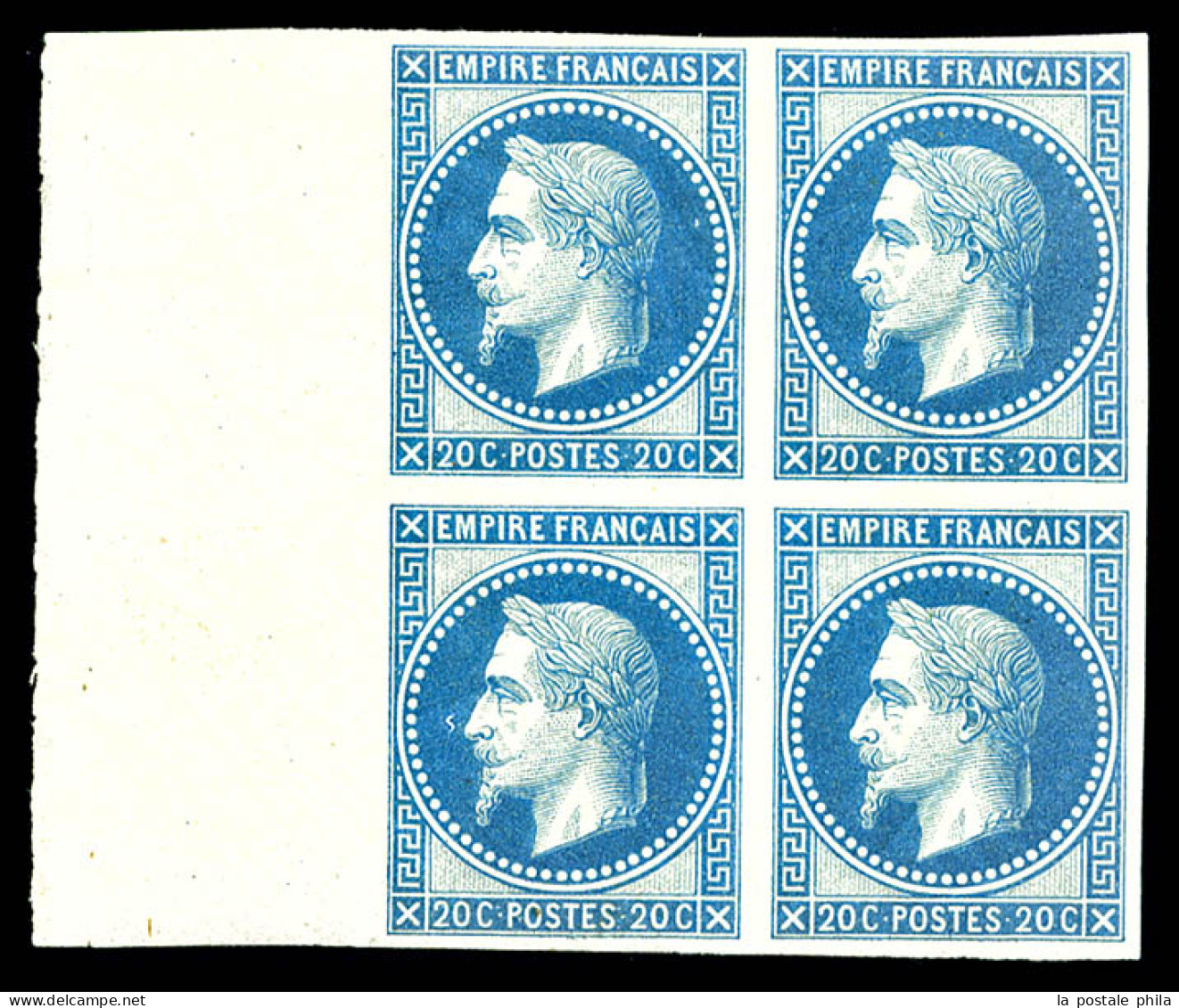 N°29Ab, Rothschild, 20c Bleu Non Dentelé En Bloc De Quatre Bdf (2ex*) , SUP (certificat)  Qualité: **   - 1863-1870 Napoleon III With Laurels