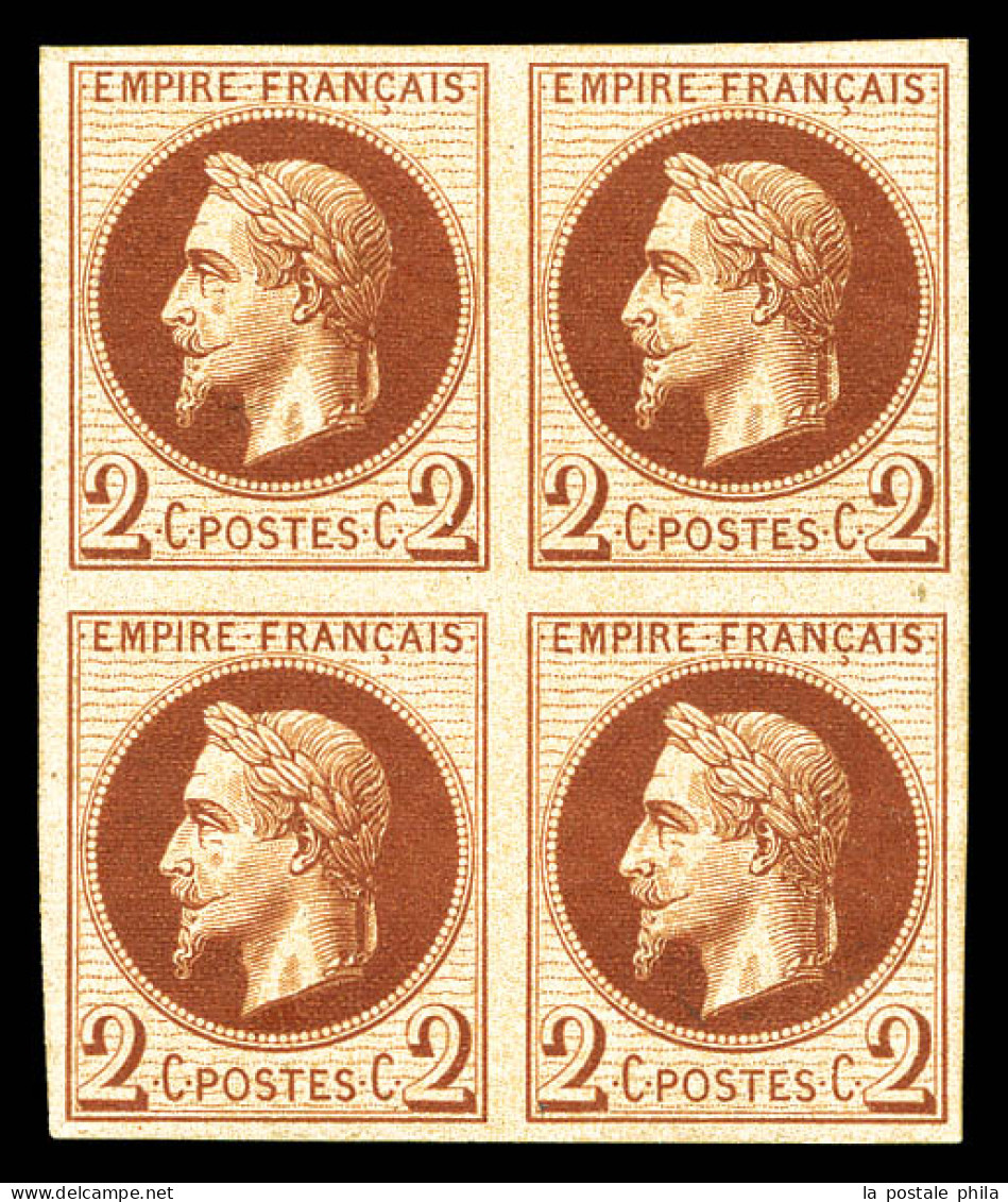 N°26Af, 2c Rouge-brun Non Dentelé, Impression De Rothschild En Bloc De Quatre. SUP (certificat)  Qualité: **   - 1863-1870 Napoleon III With Laurels