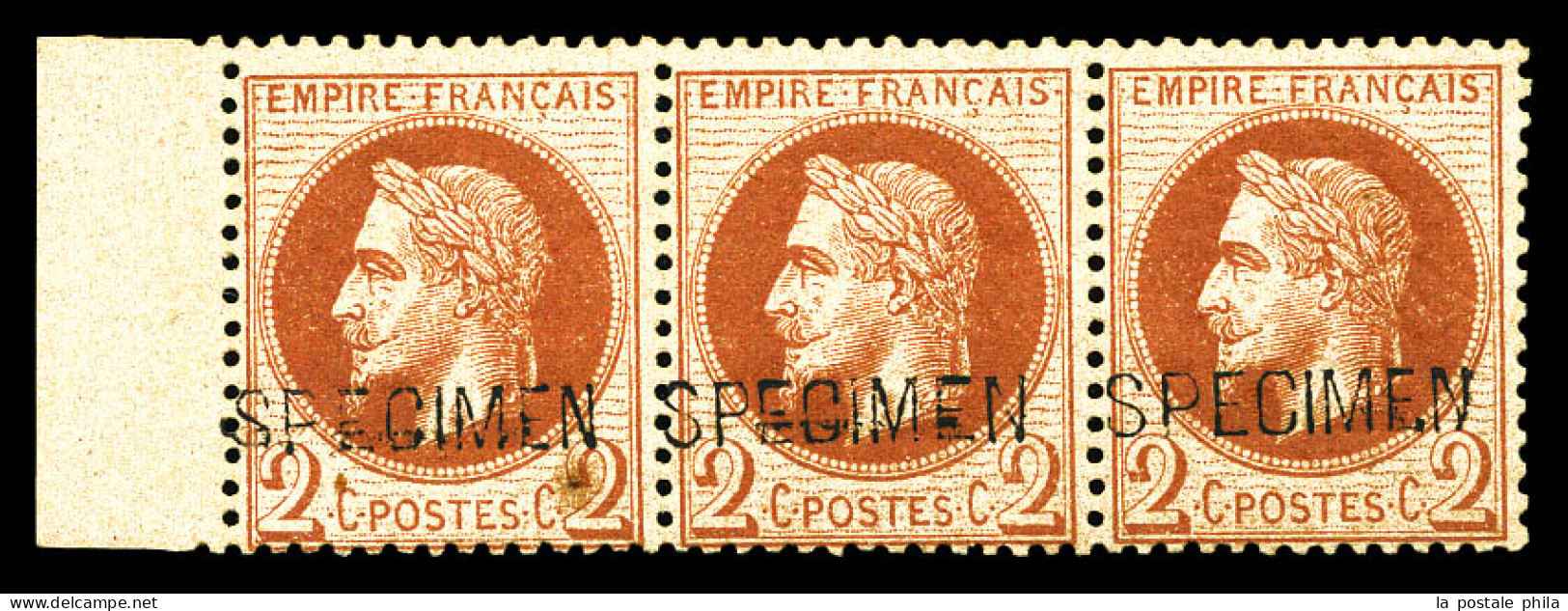 N°26Bc, Bande De 3 Du 2c Lauré Surchargé SPECIMEN. Trés Rare Avec Les 3 Types Différents De La SURCHARGE SPECIMEN, 1ex P - 1863-1870 Napoleon III With Laurels