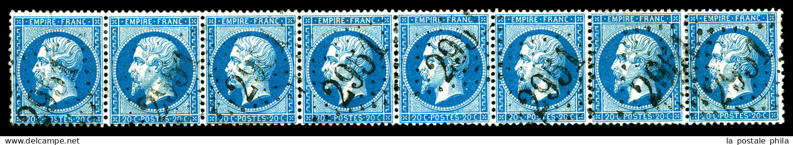 N°22, 20c Bleu, Exceptionnelle Bande De 8 Exemplaires Obl GC 2951. SUP (certificat)  Qualité: Oblitéré - 1862 Napoléon III