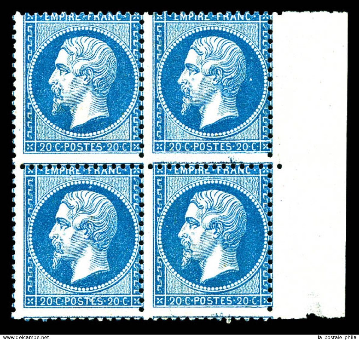 N°22, 20c Bleu En Bloc De Quatre Bord De Feuille, Fraîcheur Postale. SUP (certificat)  Qualité: **   - 1862 Napoléon III