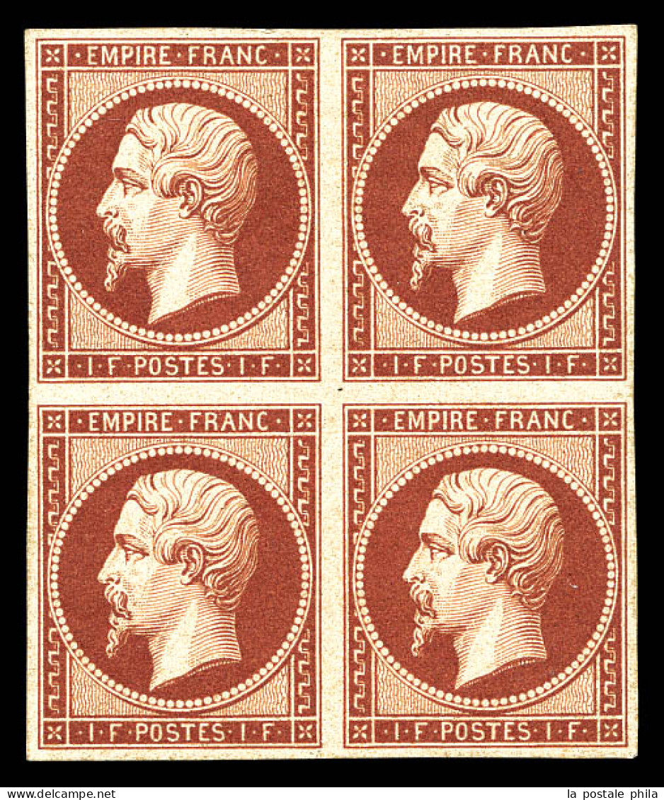 N°18d, 1F Carmin Impression De 1862 En Bloc De Quatre (2ex*), Fraîcheur Postale, SUPERBE, R.R.R. (signé Scheller/certifi - 1853-1860 Napoléon III