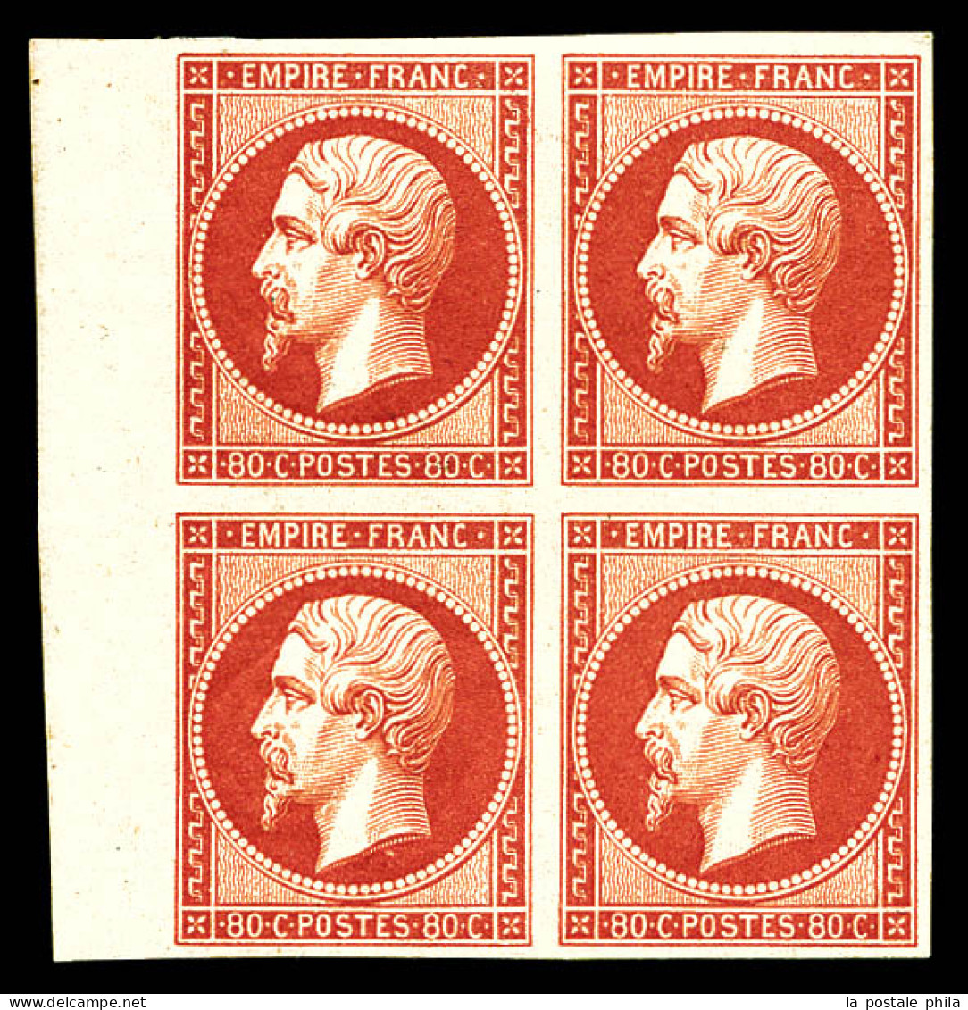 N°17Ah, 80c Carmin-rose, Impression De 1862 En Bloc De Quatre Bord De Feuille Latéral Gauche (2ex*), Fraîcheur Postale,  - 1853-1860 Napoléon III