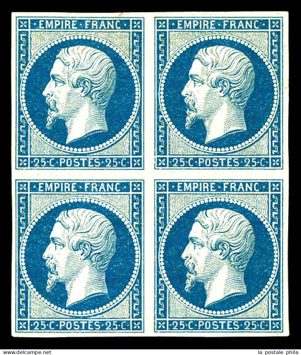 N°15, 25c Bleu En Bloc De Quatre (2ex*), Fraîcheur Postale. SUPERBE. R.R.R. (signé Brun/Calves/certificats)  Qualité: ** - 1853-1860 Napoléon III