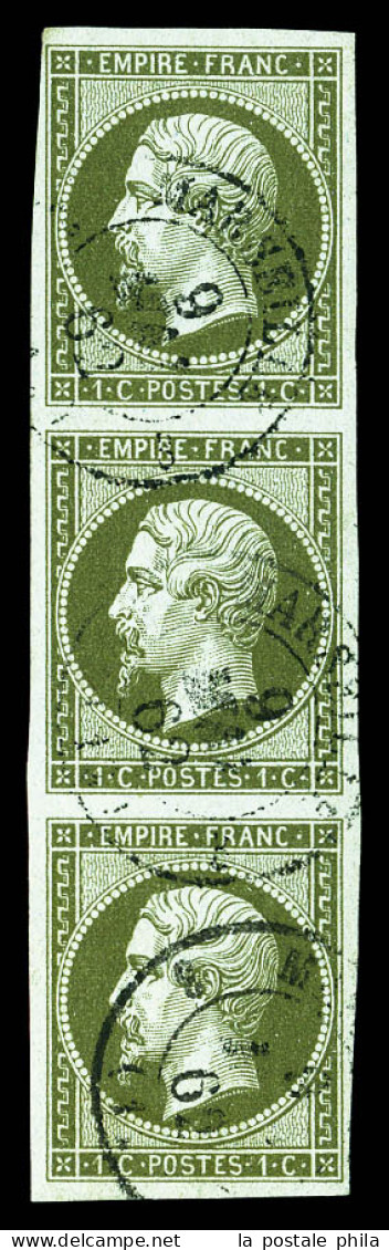 N°11, 1c Olive, Bande De 3 Obl Càd. TTB  Qualité: Oblitéré  Cote: 375 Euros - 1853-1860 Napoléon III