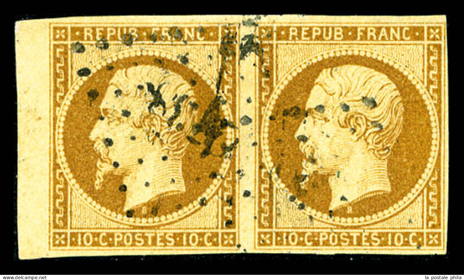 N°9, 10c Bistre En Paire Horizontale, Bord De Feuille, TTB (signé Brun/certificat)  Qualité: Oblitéré  Cote: 1900 Euros - 1852 Louis-Napoléon