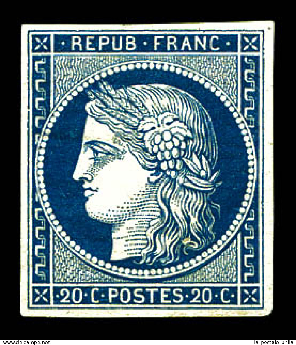 N°8a, Non émis, 20c Bleu Foncé, Quatre Marges équilibrées, R.R. TTB (signé/certificat)  Qualité: *  Cote: 4400 Euros - 1849-1850 Cérès