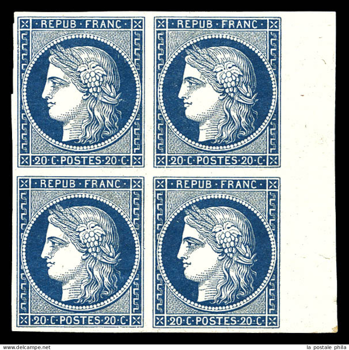 N°8a, Non émis, 20c Bleu Foncé En Bloc De Quatre (1ex*), Bord De Feuille Latéral Droit, Fraîcheur Postale. PIECE RARE Et - 1849-1850 Cérès
