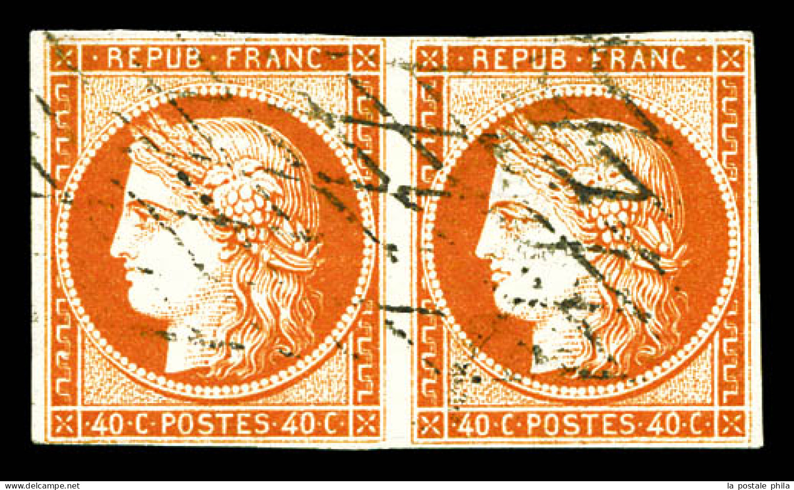 N°5a, 40c Orange Vif En Paire Obl Grille Sans Fin. TTB (signé Brun/certificat)  Qualité: Oblitéré  Cote: 1400 Euros - 1849-1850 Cérès