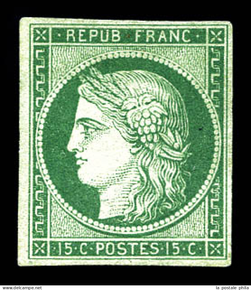 N°2b, 15c Vert Foncé Neuf, Pleine Gomme D'origine, Fraîcheur Postale. SUPERBE. R.R.R. (signé Calves/certificats)  Qualit - 1849-1850 Cérès