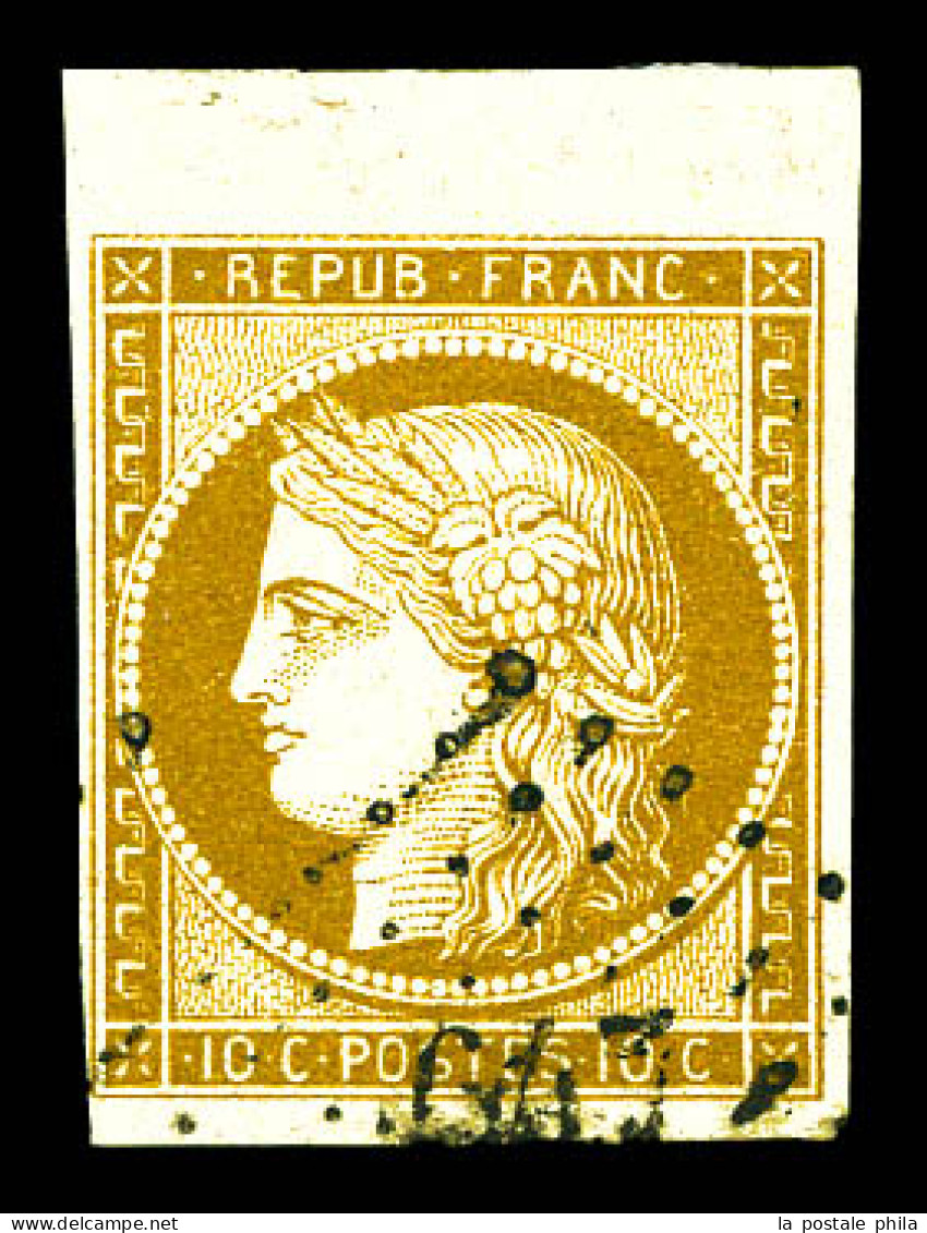N°1, 10c Bistre-jaune Obl Pc, Bord De Feuille. TTB (signé Scheller/Brun/certificat)  Qualité: Oblitéré   - 1849-1850 Cérès
