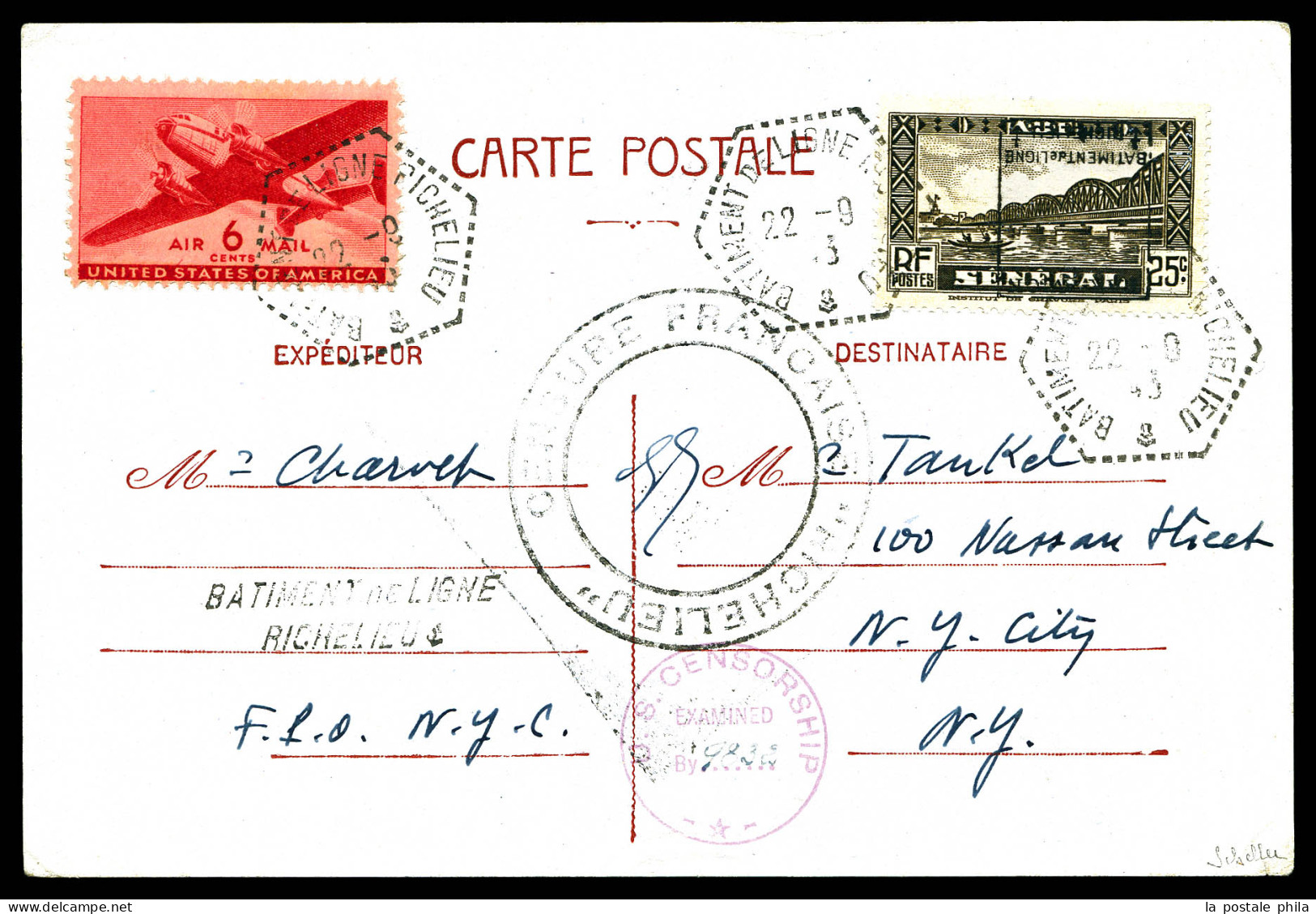 N°13, Timbre Du Sénégal, 25c Pont (n°121) Surchargé 'PAR AVION RICHELIEU', Très Bon Centrage + 6 Cents Americain Obl 'Ba - Militärische Luftpost