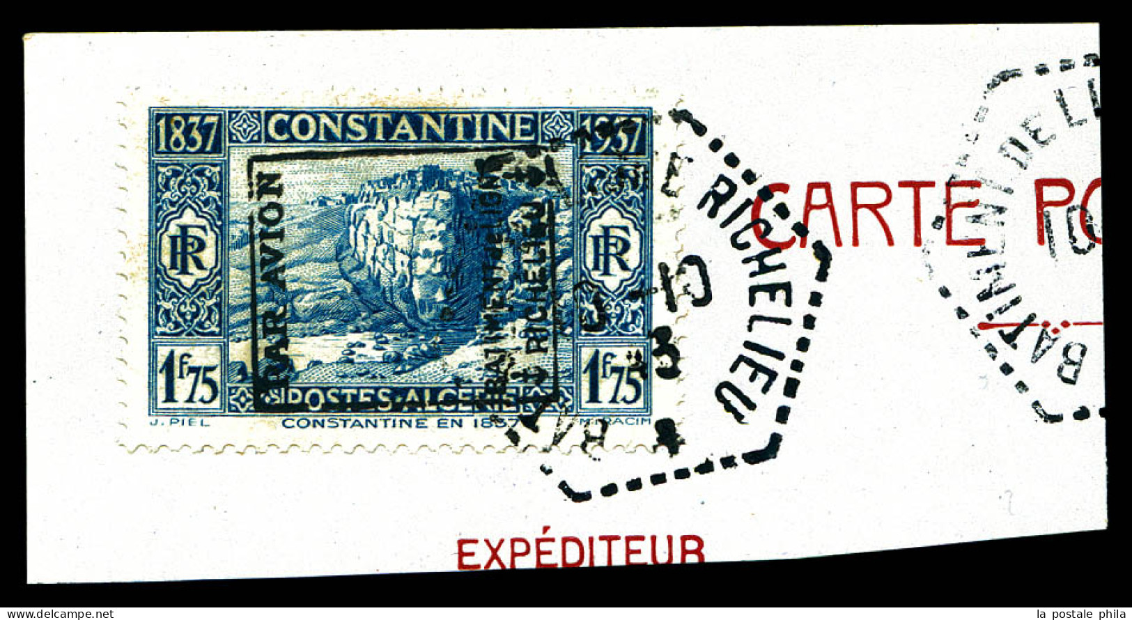 N°12, Timbre D'Algérie, 1F75 Bleu Surchargé 'PAR AVION RICHELIEU' Sur Son Support (certificat)  Qualité: Oblitéré   - Military Airmail