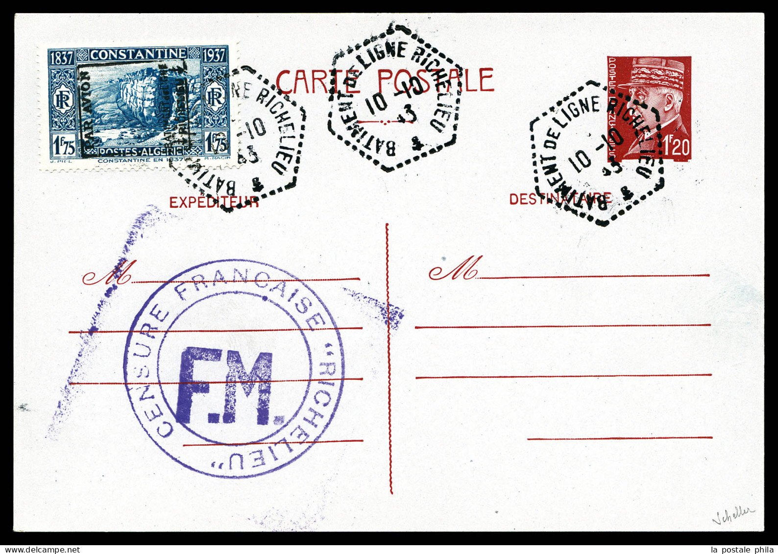 N°12, Timbre D'Algérie, 1F75 Bleu Surchargé 'PAR AVION RICHELIEU', Sur Entier Pétain, Pièce Superbe Et Rare (signé Schel - Poste Aérienne Militaire