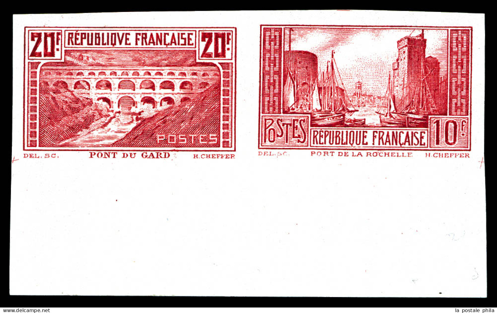 N°262 + 261, 20F Pont Du Gard Et 10F La Rochelle. Essais De Couleur Non Dentelé En Rose Carminé Se-tenant, Bas De Feuill - Unused Stamps