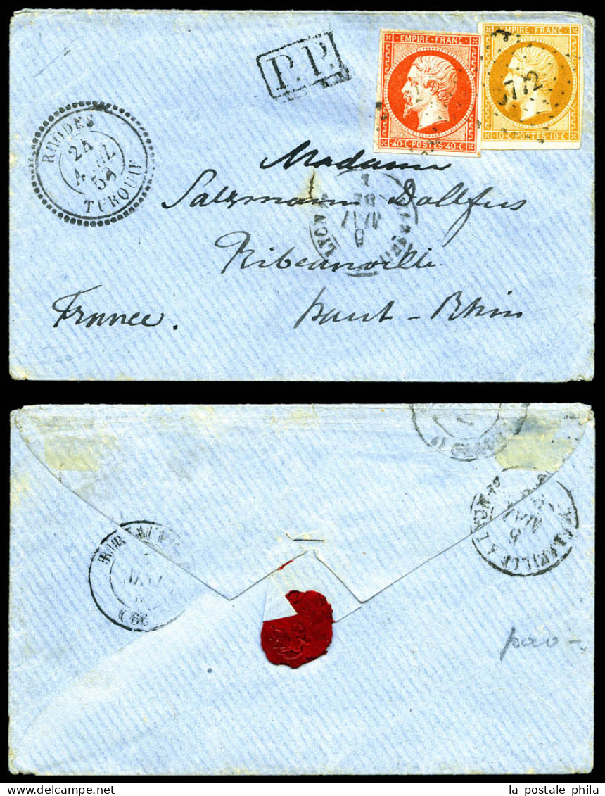 Empire 10c +40c (N°13+16) Obl Pc '3772' Sur Petite Lettre De Rhodes Le 24 Avril 58 Pour Ribeauvillé, à Coté 'PP' Noir En - 1853-1860 Napoléon III