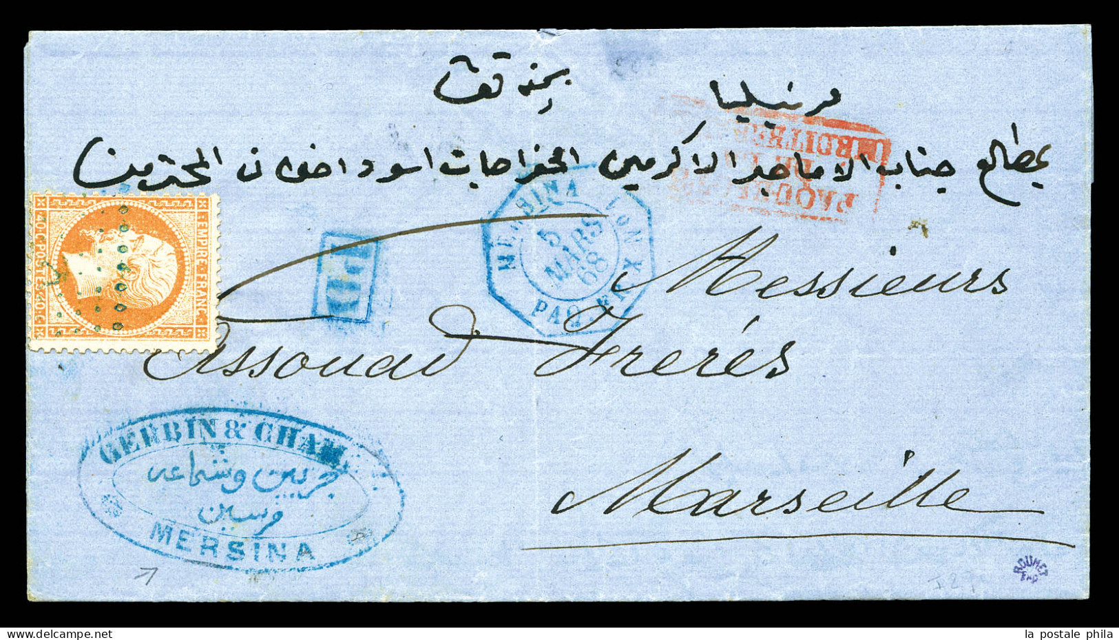 N°23, 40c Empire Dentelé Obl Ancre En Bleu + Cachet MERSINA/PAQ FR X N°1 En Bleu Sur Lettre De Mersina Pour Marseille, A - 1862 Napoléon III