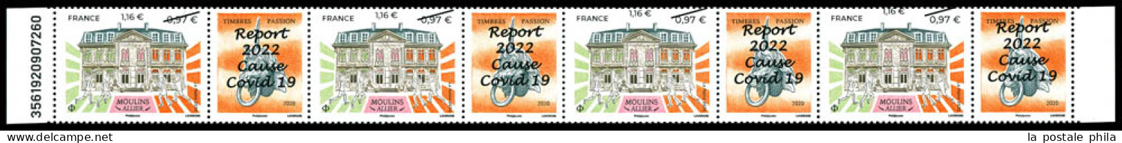 N°5437, Moulins: Décalage De La Surcharge Sur Bande De 4 Dont Un Exemplaire Avec Double Surcharge. TB (signé Calves)  Qu - Unused Stamps