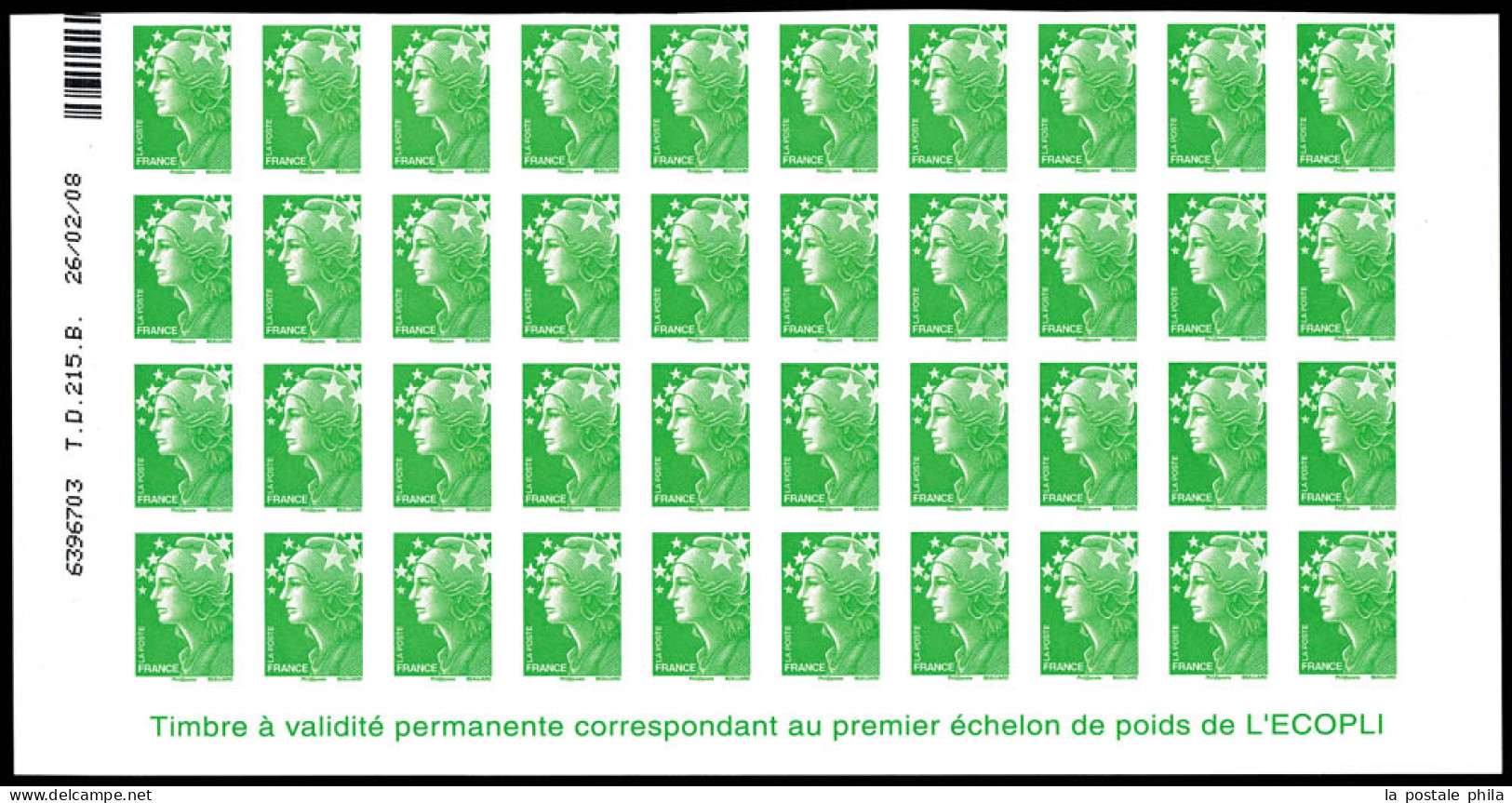 N°4229c, Beaujard TVP Vert, NON DENTELE Accidentel En Bloc De 40 Exemplaires Coin De Feuille Avec Numéro + RE, SUPERBE.  - Unused Stamps