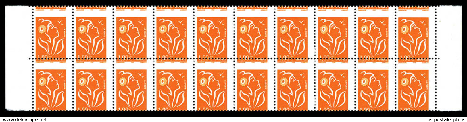 N°3739e, 1€ Lamouche, Piquage à Cheval Sur Panneau De 20 Exemplaires Bdf (ex Collection J.P Comtet). TTB (certificat)  Q - Unused Stamps