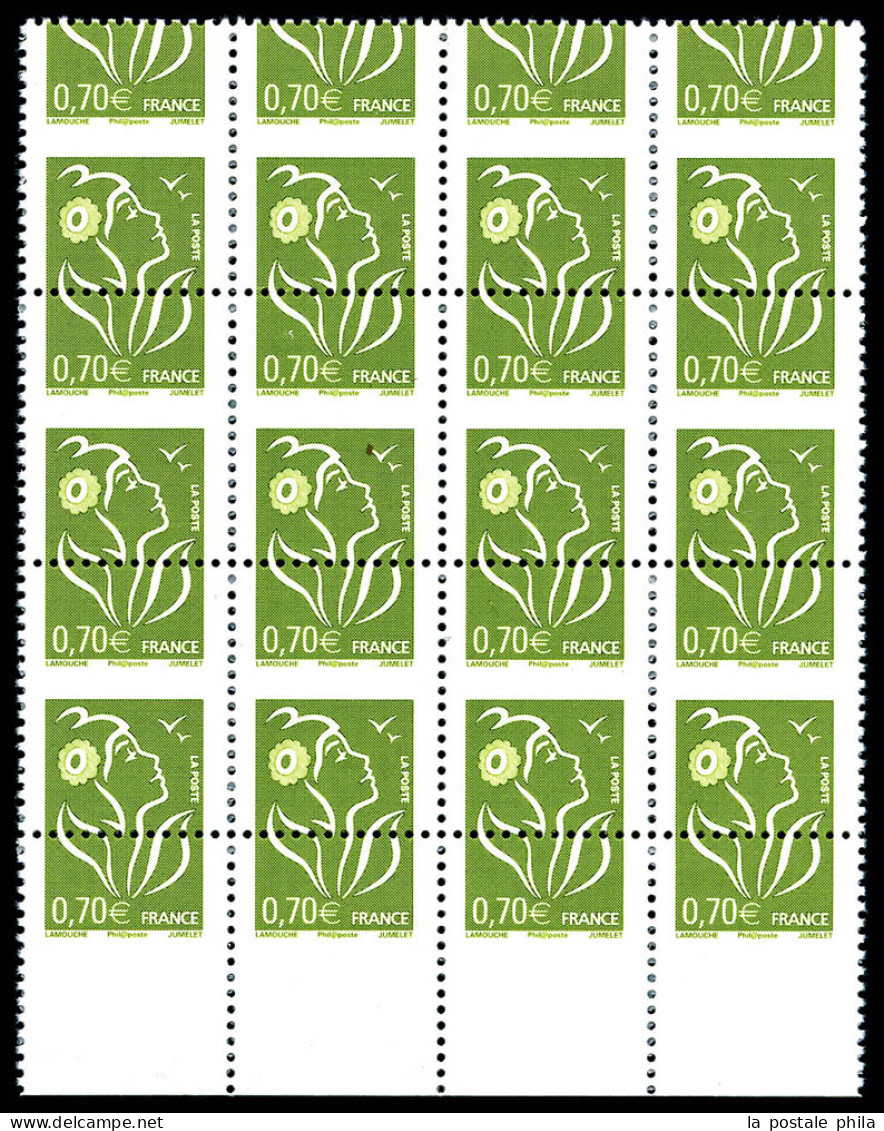 N°3736, Lamouche, 0,70€ Vert-olive, Superbe Piquage à Cheval Sur Bloc De Douze Exemplaires Bdf, TTB (signé Calves/certif - Unused Stamps