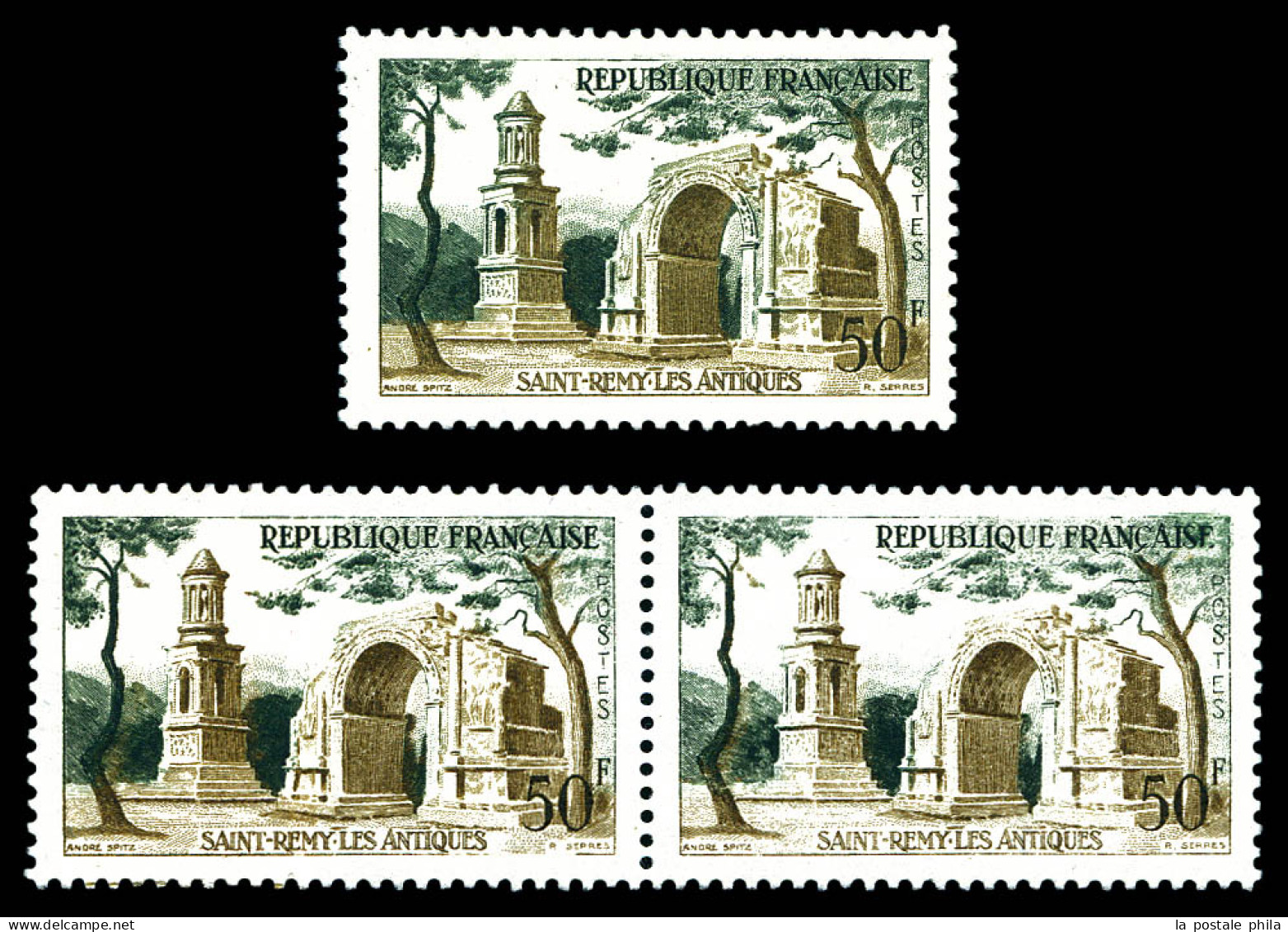 N°1130b, 50f St Rémy Les Antiques: Impression Sur Raccord En Paire + Arche Verte. SUP. R. (signé Brun/certificat)  Quali - Nuevos