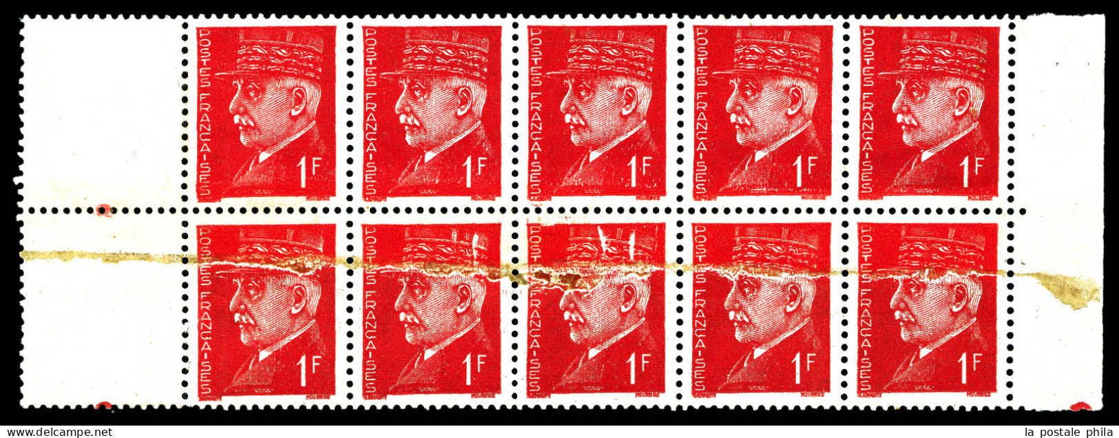 N°514, 1F Pétain, Impression Sur Raccord En Bloc De 10 Exemplaires Bdf. SUP (certificat)  Qualité: **  Cote: 650 Euros - Unused Stamps